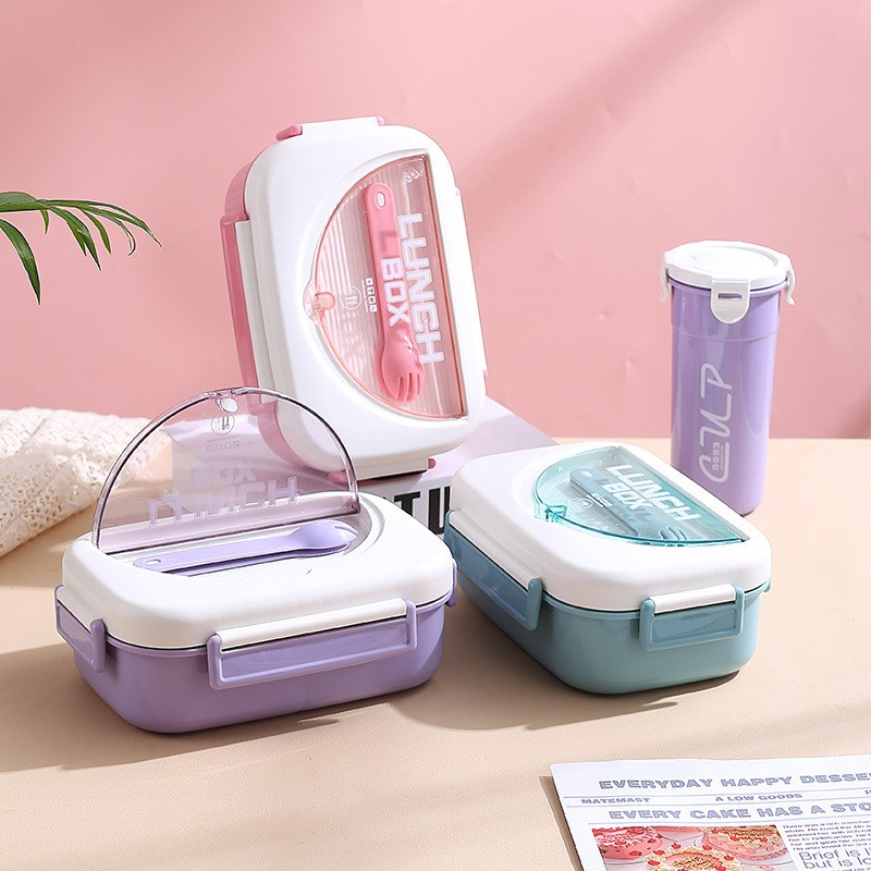 上班族分格饭盒水杯套装可微波加热学生午餐盒外带沙拉盒