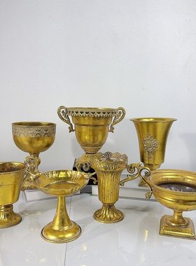 欧式古典金属浮雕花瓶酒店民宿装饰做旧金色花盆餐厅桌面花器摆件