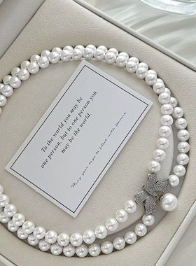 浮颜天然澳母贝珍珠项链女双层蝴蝶结扣新款轻奢名媛正圆强光颈链