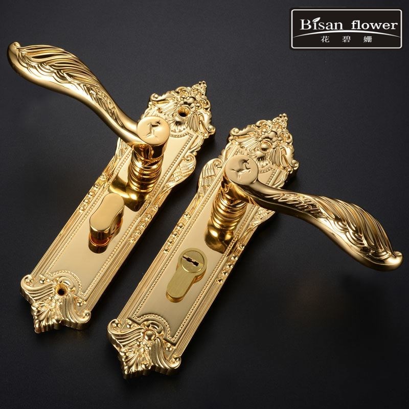 亮金色欧式门锁别墅大平层室内卧室把手对开门S带钥匙静音锁家用