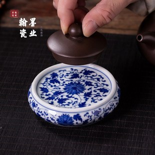 景德镇陶瓷仿古泥青花缠枝莲盖置家用茶托功夫茶具配件杯垫壶盖垫