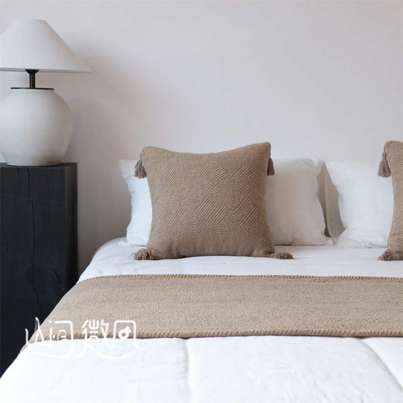侘寂中古风床尾毯床尾巾搭毯床搭巾盖毯民宿酒店客栈床旗咖色棕色