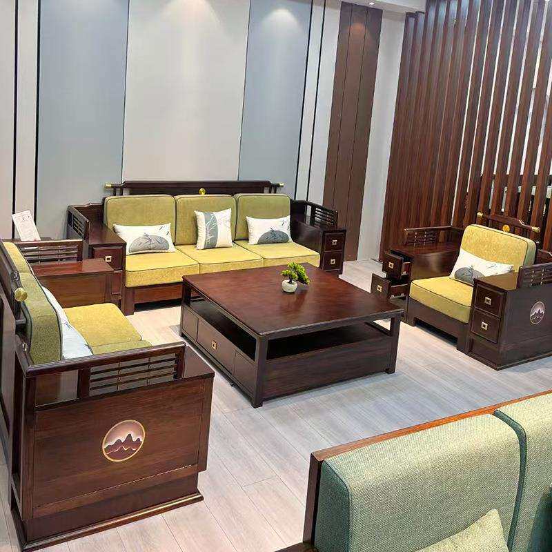 新中式家具实木沙发组合客厅乌金木整装大户型农村别墅实木沙发