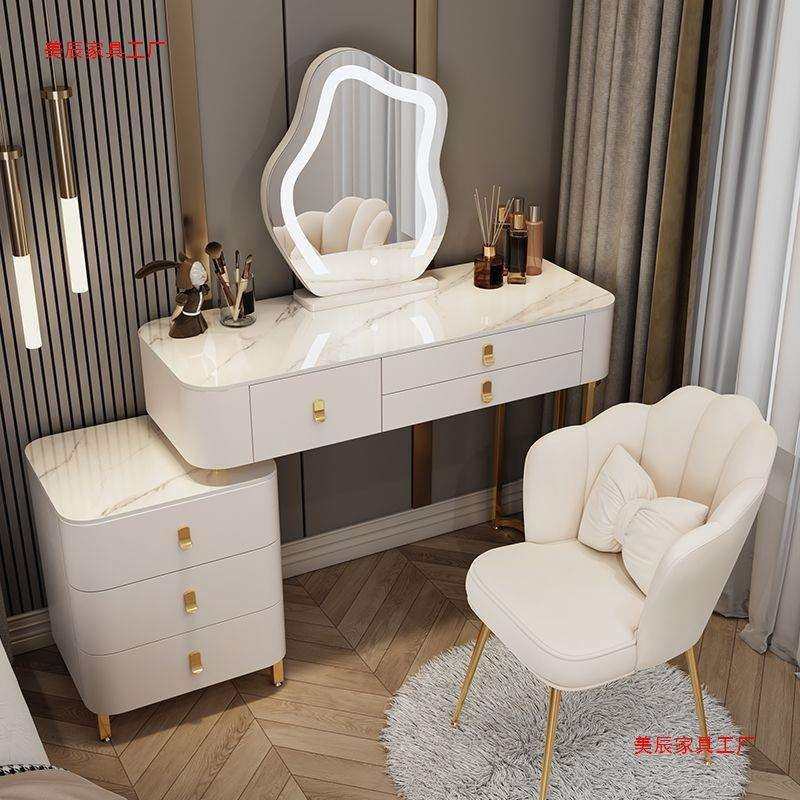 实木化妆桌卧室梳妆台现代简约网红轻奢化妆镜岩板化妆台桌柜一体