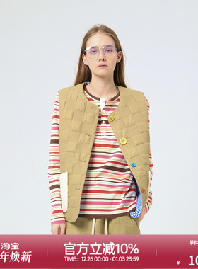 ROLLCALL25秋冬新款绗缝圆领单排扣拼色叠穿休闲羽绒马甲女