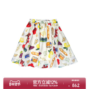 ROLLCALL25新款真丝麻水果印花半裙彩色A字短裙显瘦半身裙子