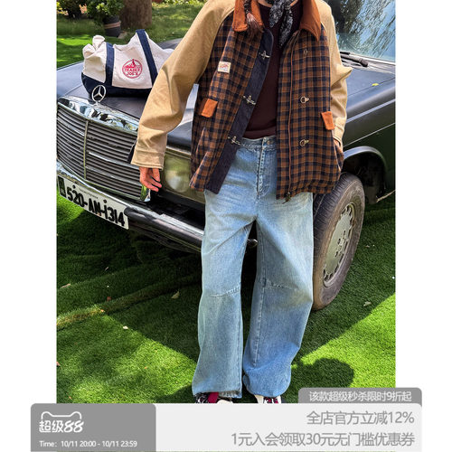 ROLLCALL宽松廓形纯棉做旧水洗蓝牛仔弯刀长裤