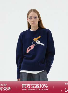 ROLLCALL25秋冬新款藏蓝色羊毛绞花圆领毛衣套头长袖通勤宽松上衣