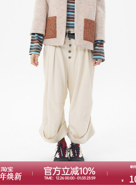 ROLLCALL25早秋新款白色卷边纽扣工装裤简约高腰直筒阔腿长裤女