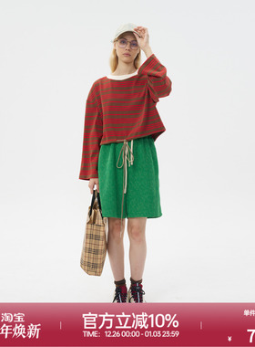 ROLLCALL25早秋新款咖色条纹圆领长袖T恤撞色宽松简约百搭上衣女