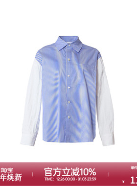 ROLLCALL25早秋新款蓝色格纹拼色翻领衬衣扣子宽松休闲长袖上衣女