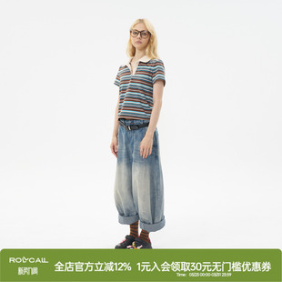 领撞色条纹休闲上衣 T恤亨利衫 ROLLCALL 蓝色POLO领短袖