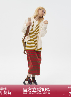 ROLLCALL25早秋新款黄色条纹亨利长袖T恤宽松撞色上衣内搭打底衫