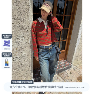 ROLLCALL「古力娜扎」同款 红色POLO领条纹长袖T恤亨利领上衣