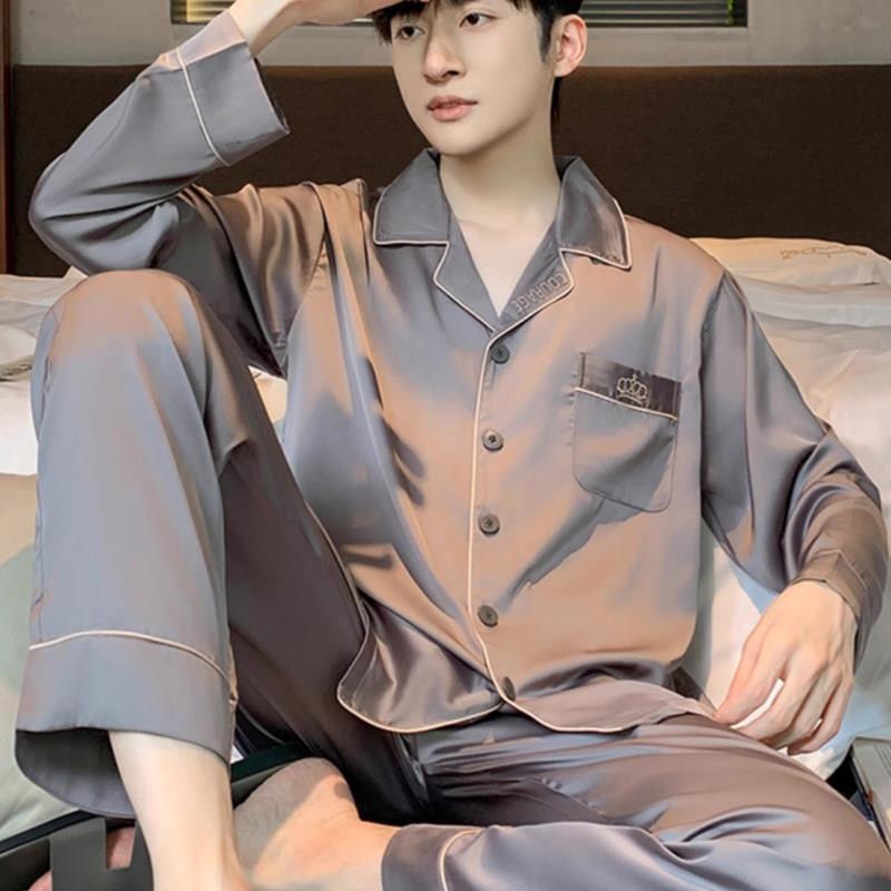 GIOIO冰丝睡衣男款夏季长袖休闲外穿家居服男士夏款丝绸凉感套装