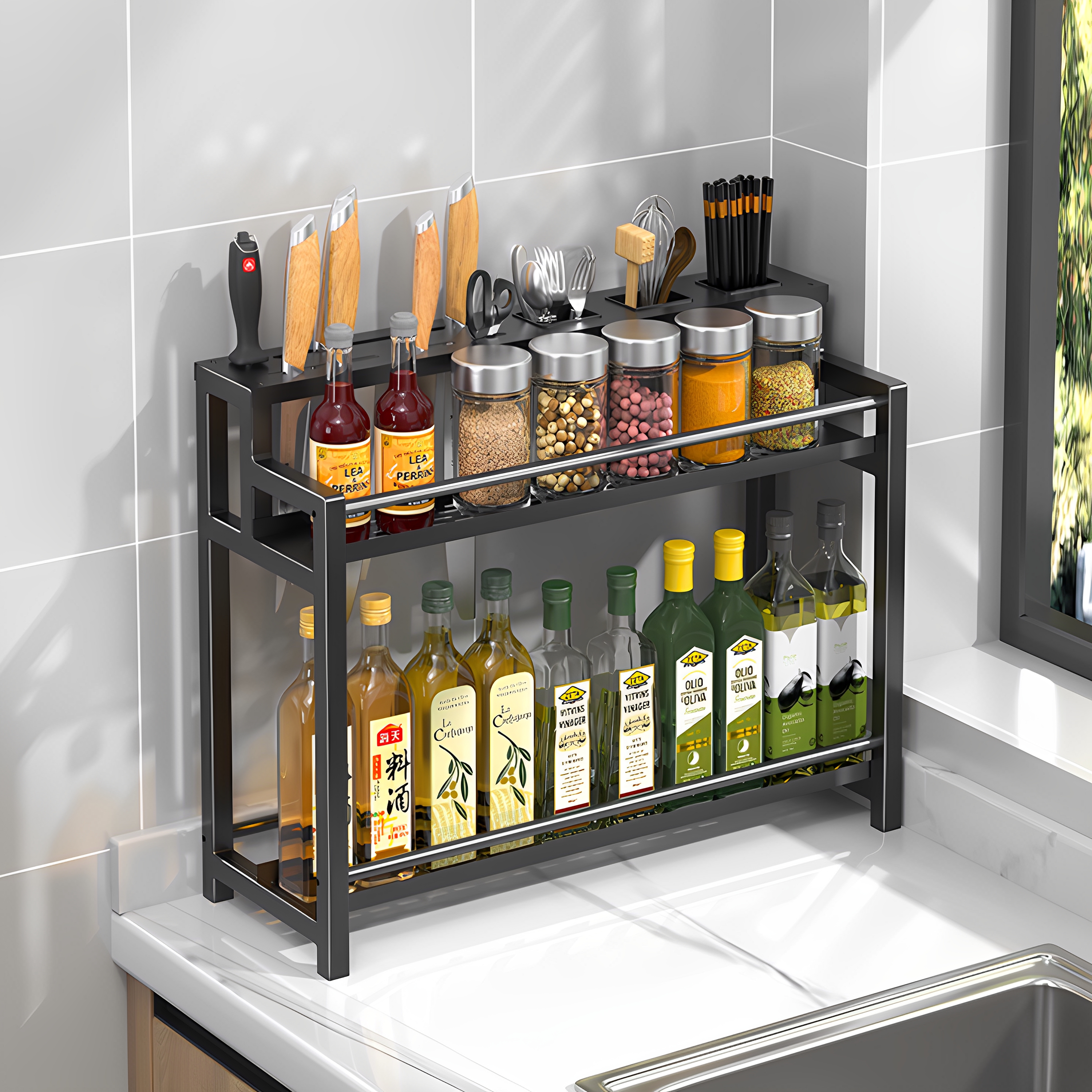 家用厨房刀架置物架调料架多功能台面刀座菜板筷子笼一体式收纳架