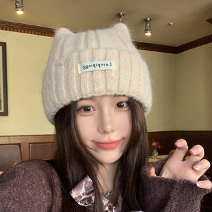猫耳朵帽子女款秋冬季韩系高级感可爱保暖护耳显脸小针织毛线冷帽