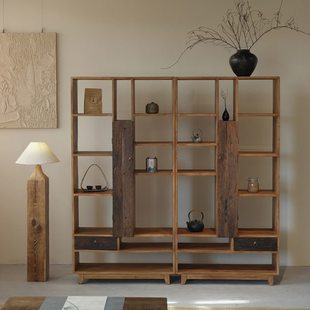 侘寂风实木博古架现代简约收纳展示柜中式民宿茶室置物架茶叶杯架