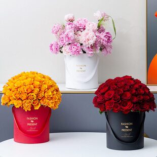 礼盒套桶桶情人节手提大小号插花三玫瑰抱抱包装盒花束圆形中花盒