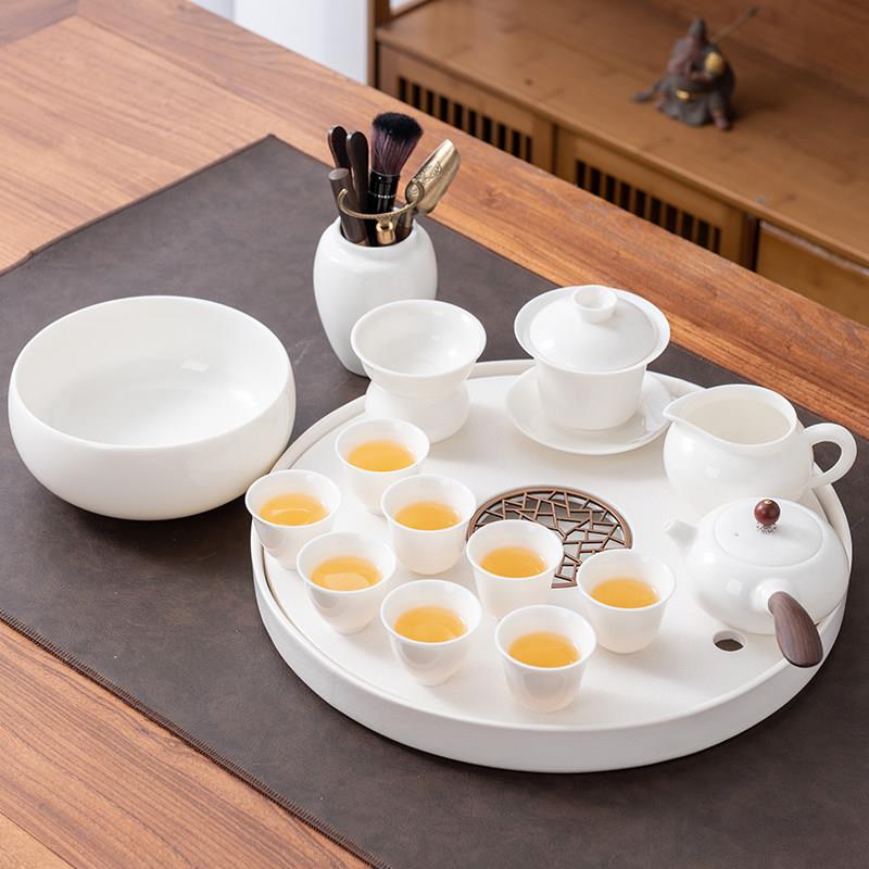 轻奢现代羊脂玉白瓷茶具套装家用茶盘客厅简约陶瓷茶盘功夫小套装