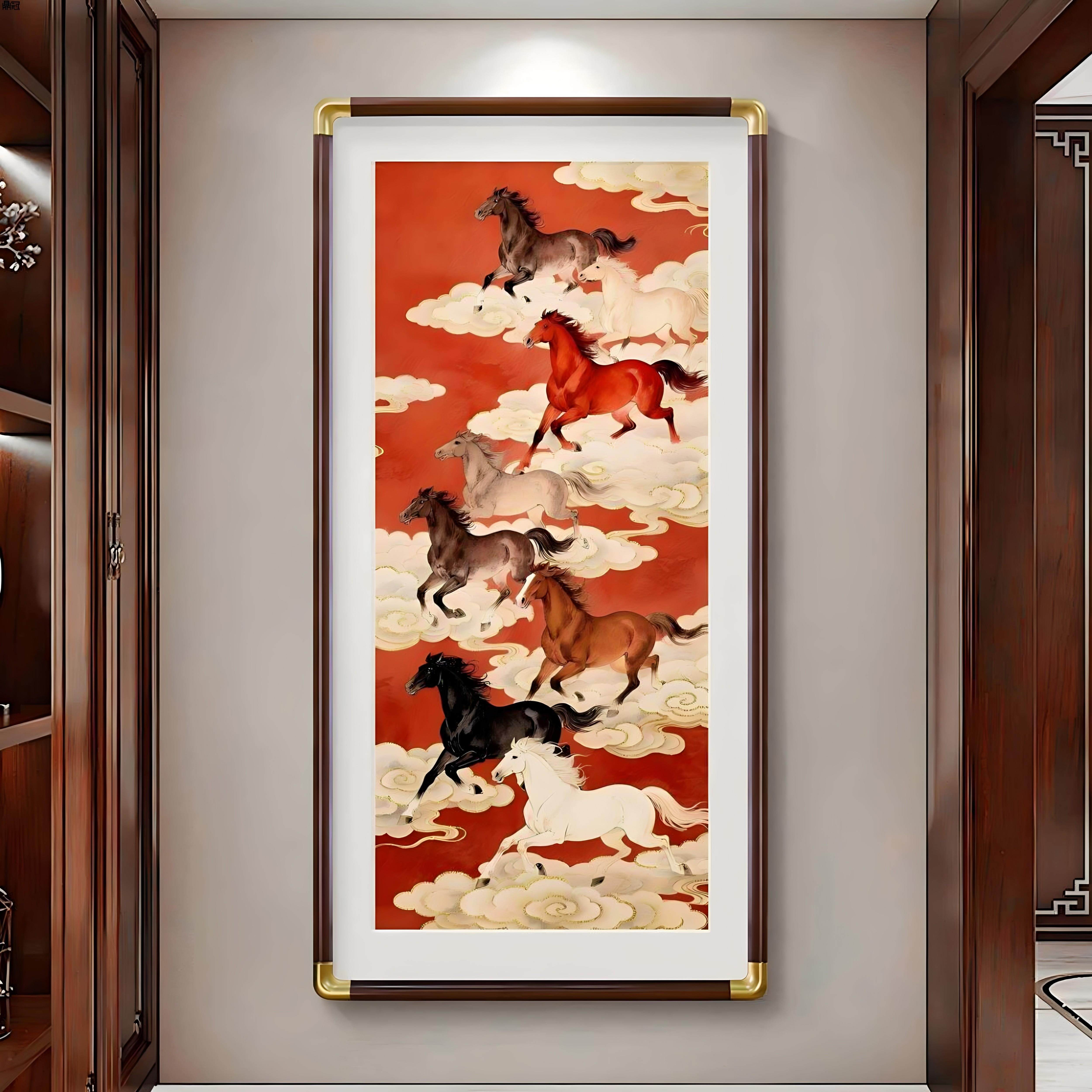 中式马到成功字画玄关入户走廊壁画挂画2026马年装饰画骏马八骏图