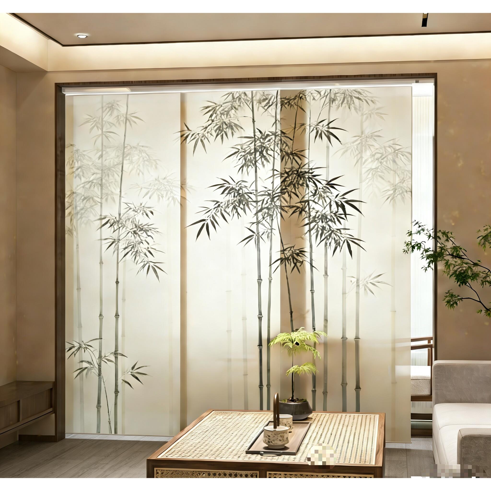 中式平移动门帘遮光窗帘客厅软隔断帘子空调茶室折叠屏风帘水墨竹