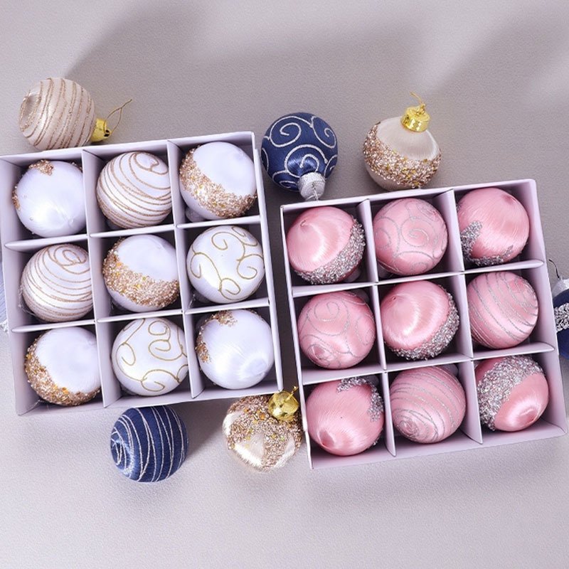 christmas彩绘丝波球丝线球圣诞装饰品泡沫8cm9pcs套装圣诞树挂件