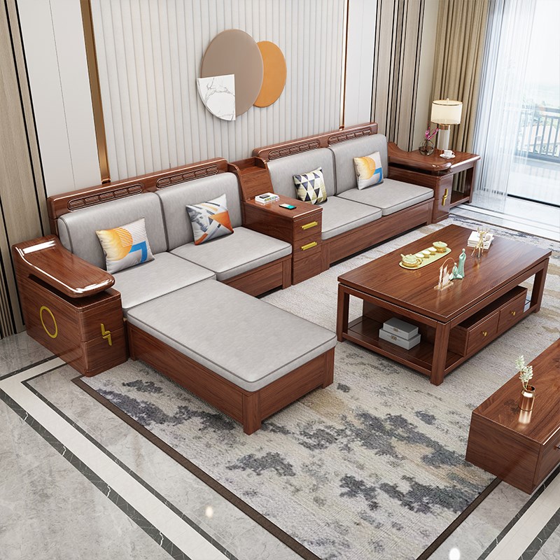 现代中式胡桃木实木沙发组合客厅冬夏G两用贵妃小户型转角储物家