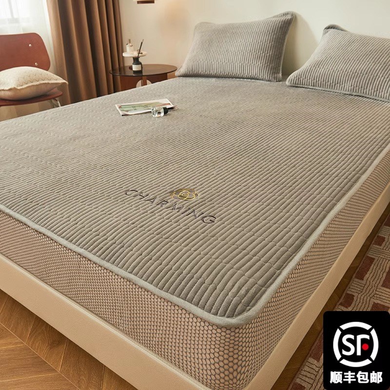 床笠冬季加绒牛奶珊瑚绒夹棉加厚床罩G款床单防滑全包床垫席保护