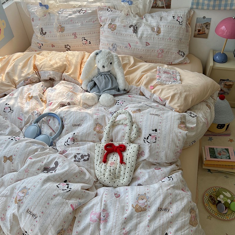 可爱猫猫音乐会软糯被罩床单v四件套柔软水洗棉被套被单宿舍三件