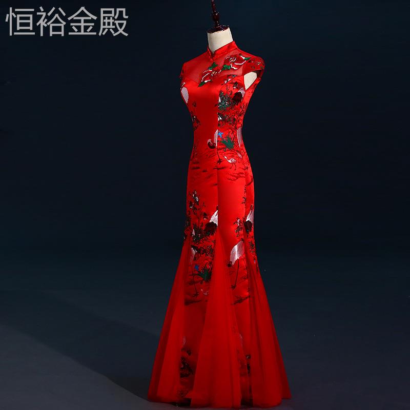 2025新款中式敬服新娘冬新春款酒服鱼尾修身长款晚礼服红色年会演