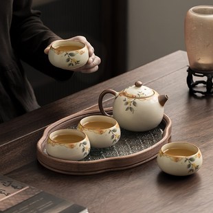 干泡茶盘一壶四杯家用泡茶壶防烫小套组 米黄汝窑功夫茶具套装