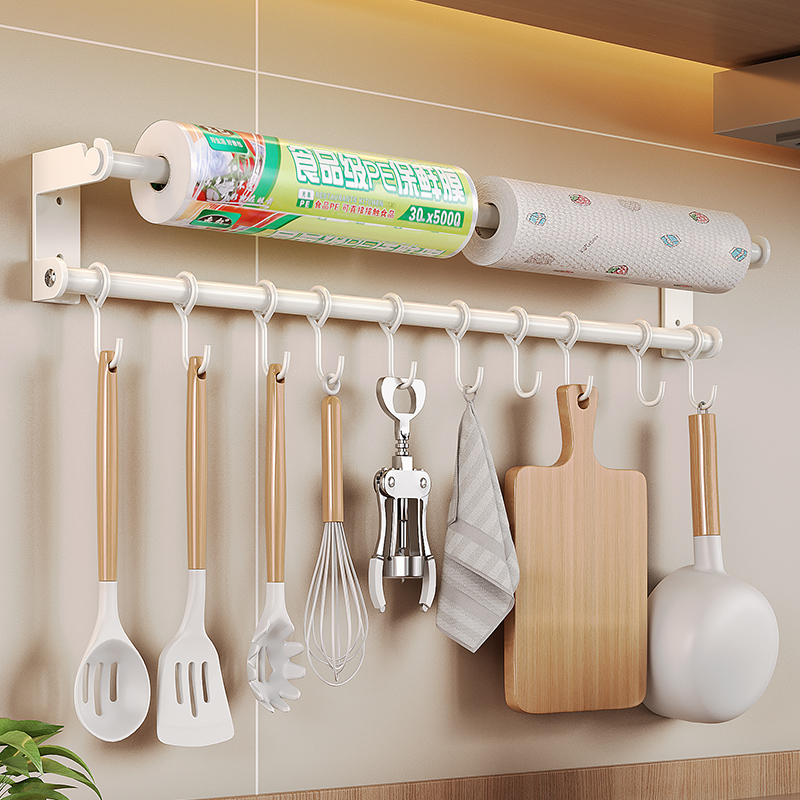 厨房挂钩挂杆免打孔壁挂式置物架厨具勺子锅铲P保鲜膜抹布收纳架