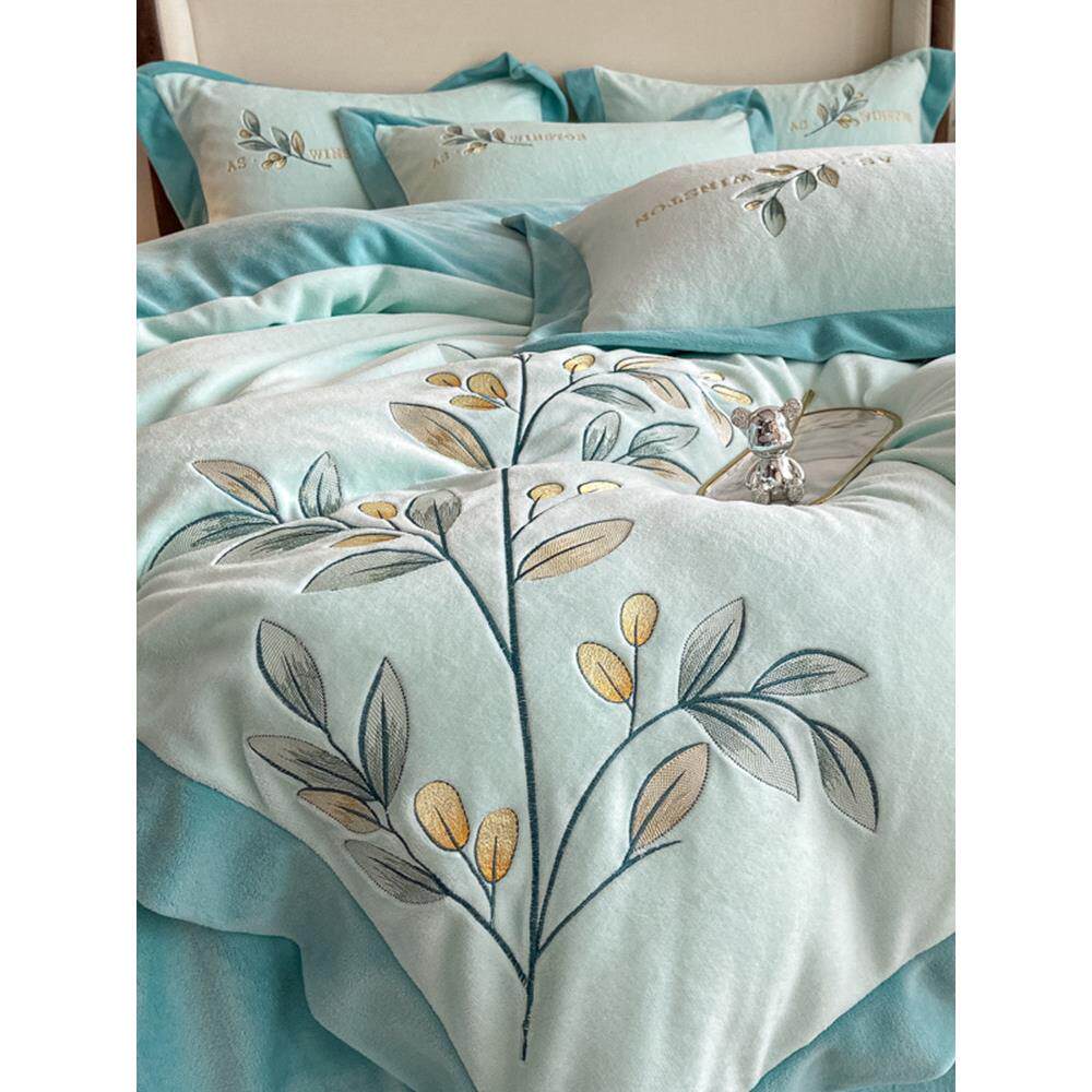 2023刺绣牛奶绒四件套冬季加厚珊瑚绒床单被套双面加绒保暖法兰绒