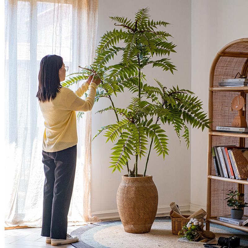 仿真香椿树大型盆景室内盆栽仿藤编水泥花盆草编效果花器