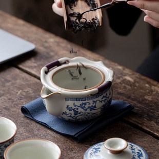 便携式 青花汝窑缠枝莲一壶两杯旅行茶具套装 包户外茶壶高端快客杯