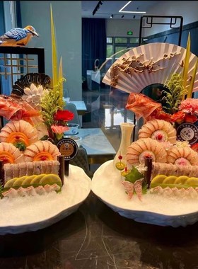 创意新中式三文鱼摆件海鲜姿造装饰拼盘刺身背景摆件酒店点缀背景