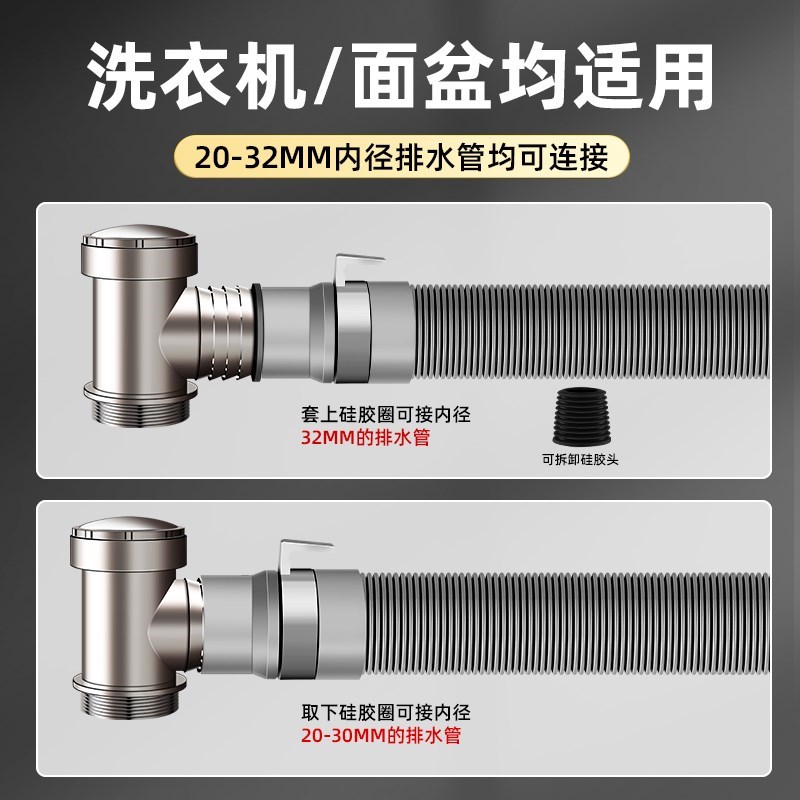 洗衣机下水管地漏接头口对接器专用防臭防溢二Q合一排水管道三头