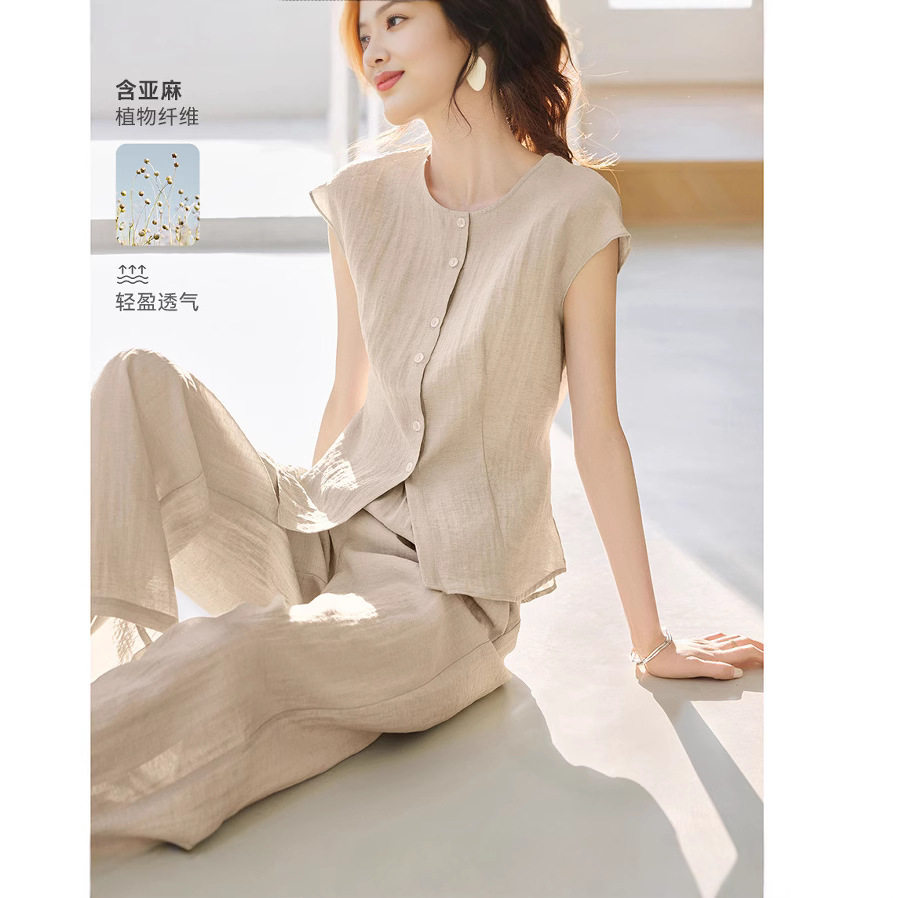 洋气女装高级大码通勤长裤2025时尚两件套夏季新款清凉女网红套装