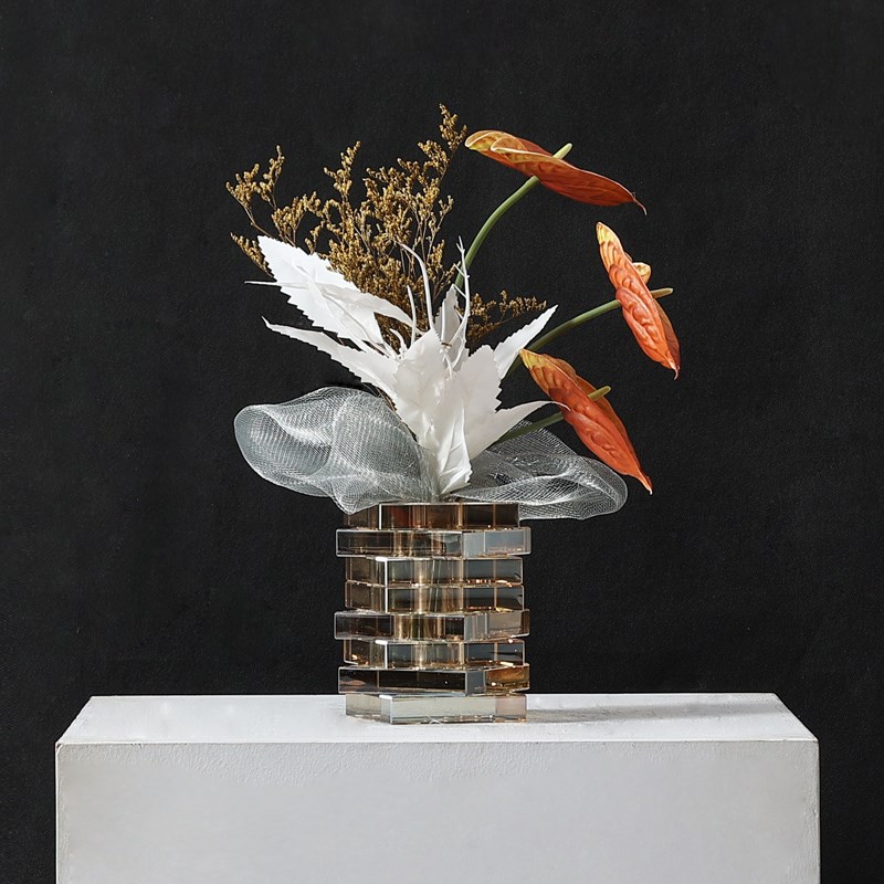 现代简约香槟色水晶花瓶客厅桌面插花样板间家具店售楼部软装摆场