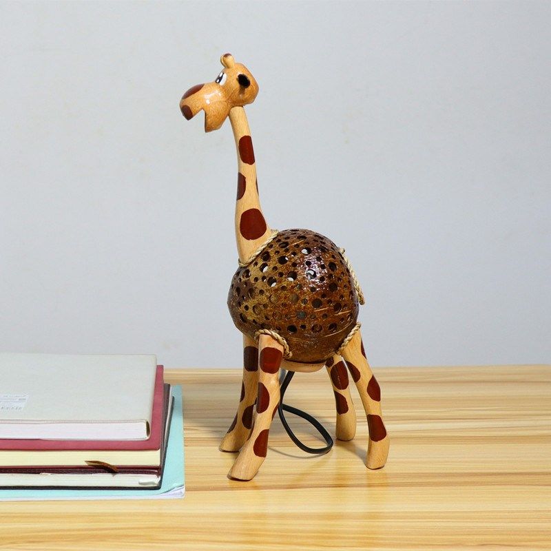 泰国实木椰壳卧室台灯氛围灯儿童床头小夜灯卡通长颈鹿客厅落地灯