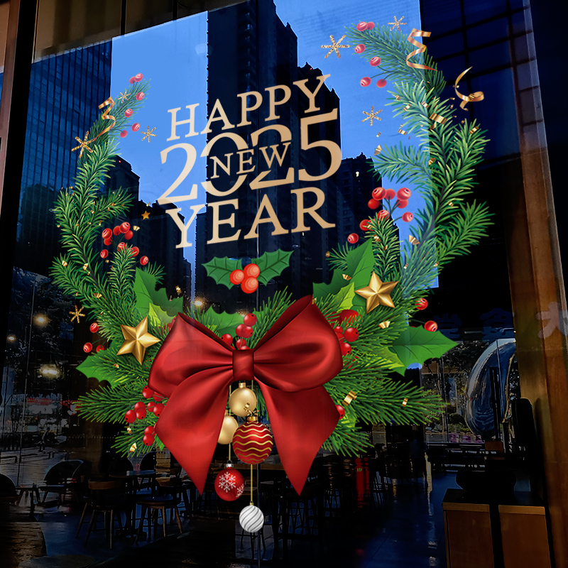 圣诞节装饰品窗贴新款绿植花环窗花公司橱窗推拉门静电贴玻璃贴纸