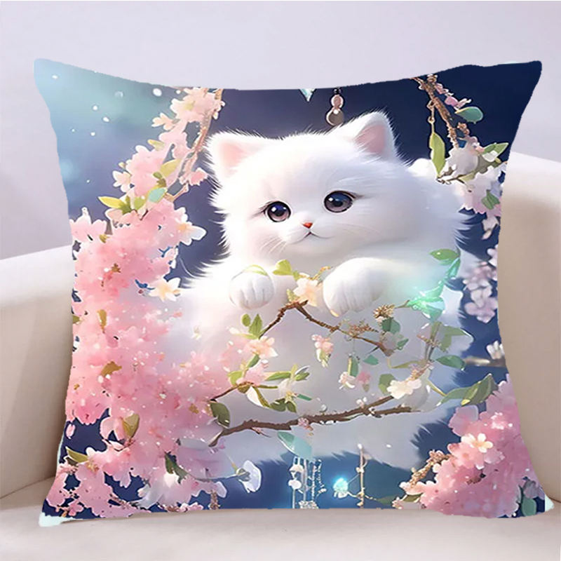 白色猫咪抱枕十字绣新款diy线绣卧室床头靠枕桃花小件印花自己绣