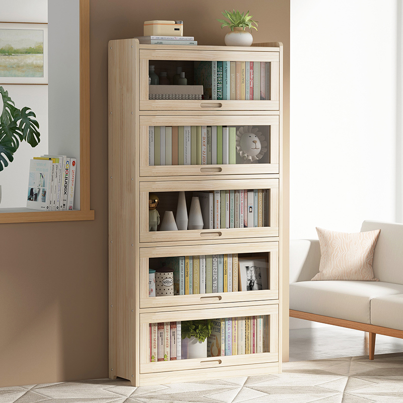 实木书柜家用带门玻璃防尘书架客厅落地多层收纳柜儿童玩具储物柜