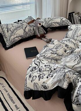 覆古赫本风黑色花边手绘小花水洗棉四件套被套床笠学生床单三件套