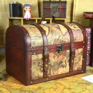 中式彷古带锁木箱老式做旧航海图覆古箱子杂物收纳百宝箱拍摄道具