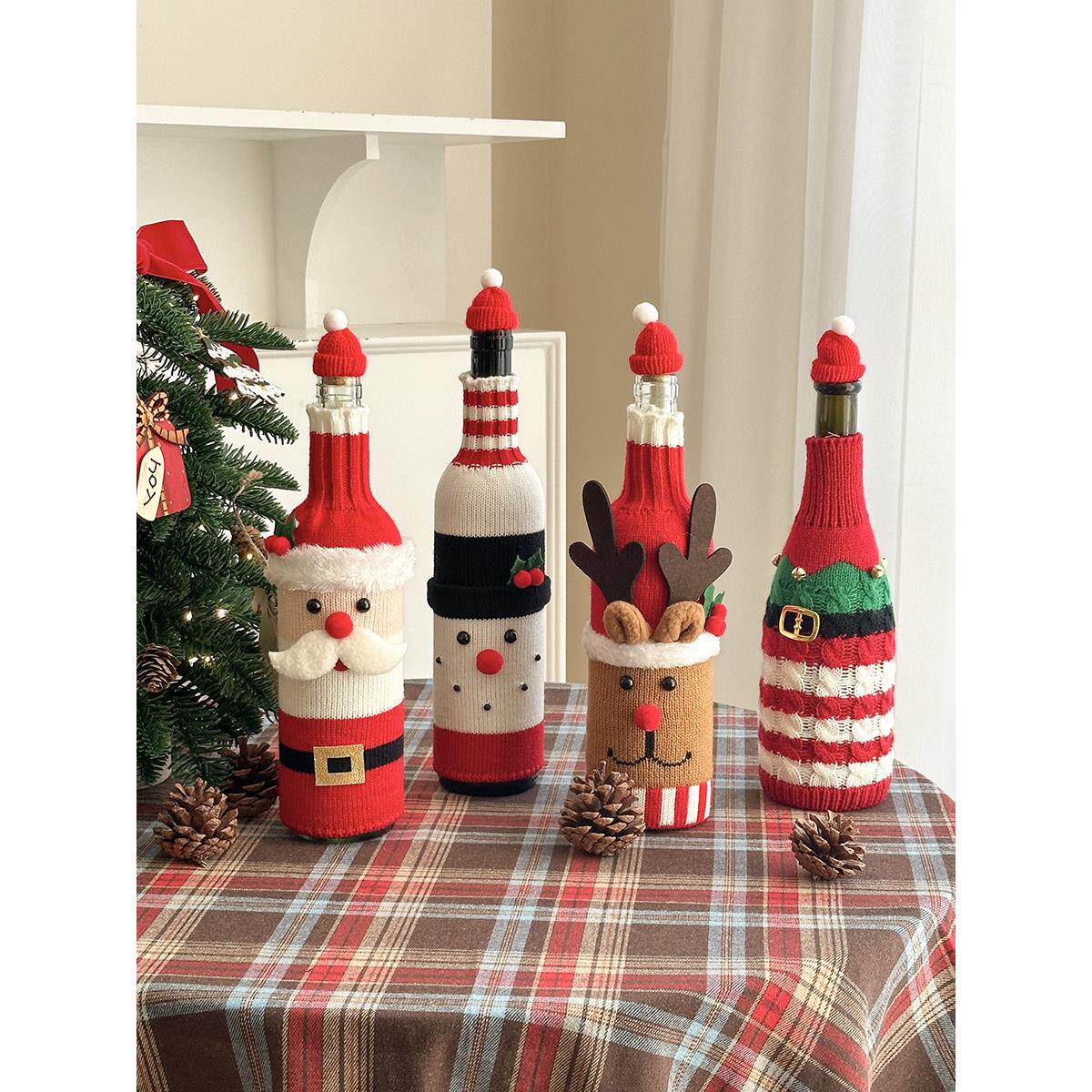 圣诞酒瓶针织套装饰圣诞老人麋鹿香槟红酒防尘护套派对装饰