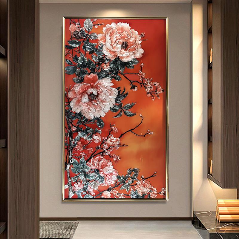 手绘珐琅彩装饰画古典牡丹花现代中式沙发背景墙壁画玄关过道挂画图片