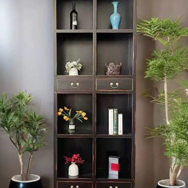 新中式落地博古架置物架创意储物书柜实木复古做旧书橱展示架定制