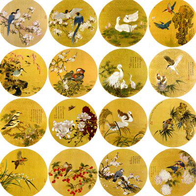 工笔画花鸟白描底稿国画花鸟小品团扇临摹线描画稿16张打印稿